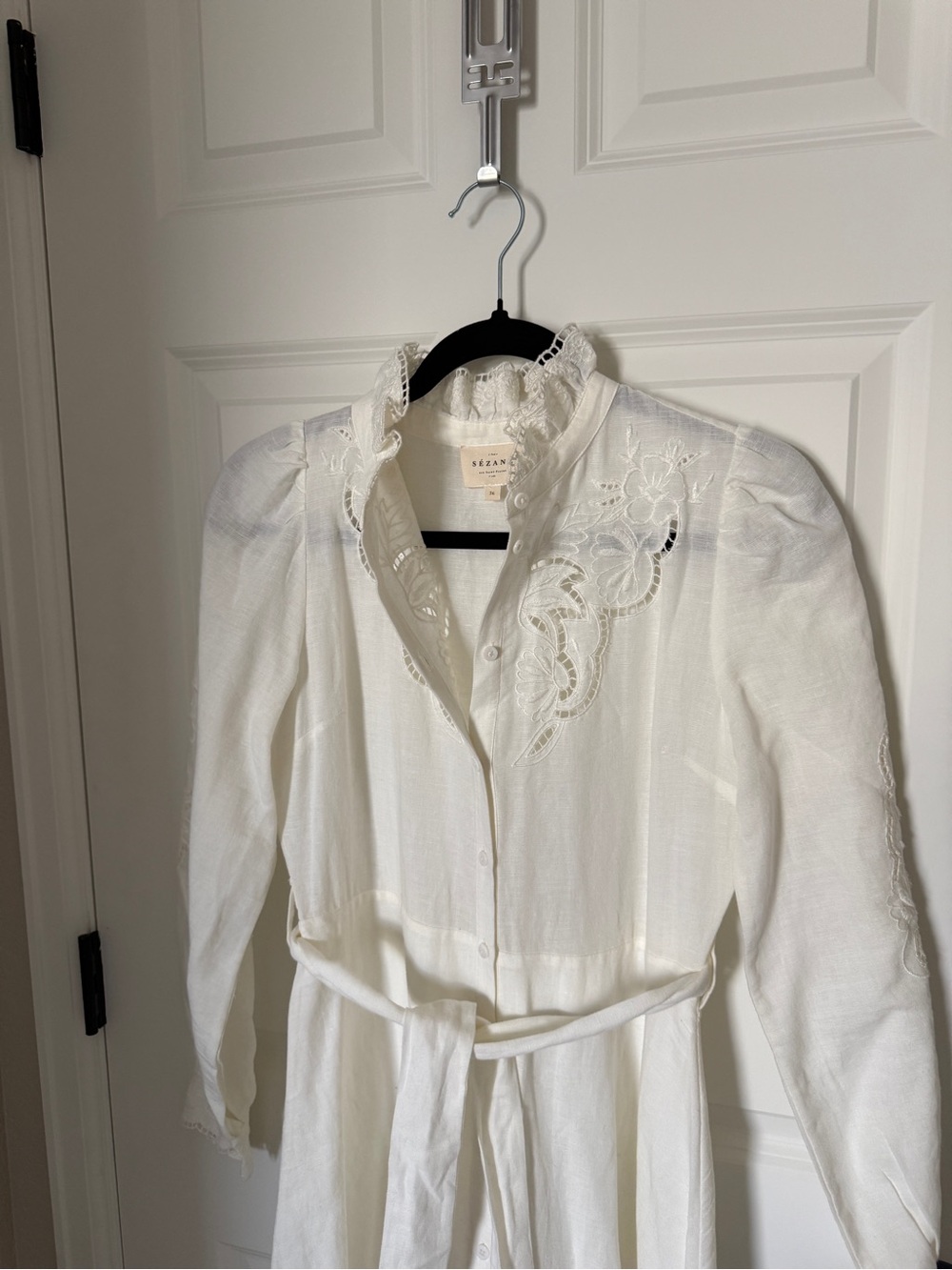 Sezane Cream Embroidered Linen Dress - Belted Shirt Dress - Picture 5 of 9